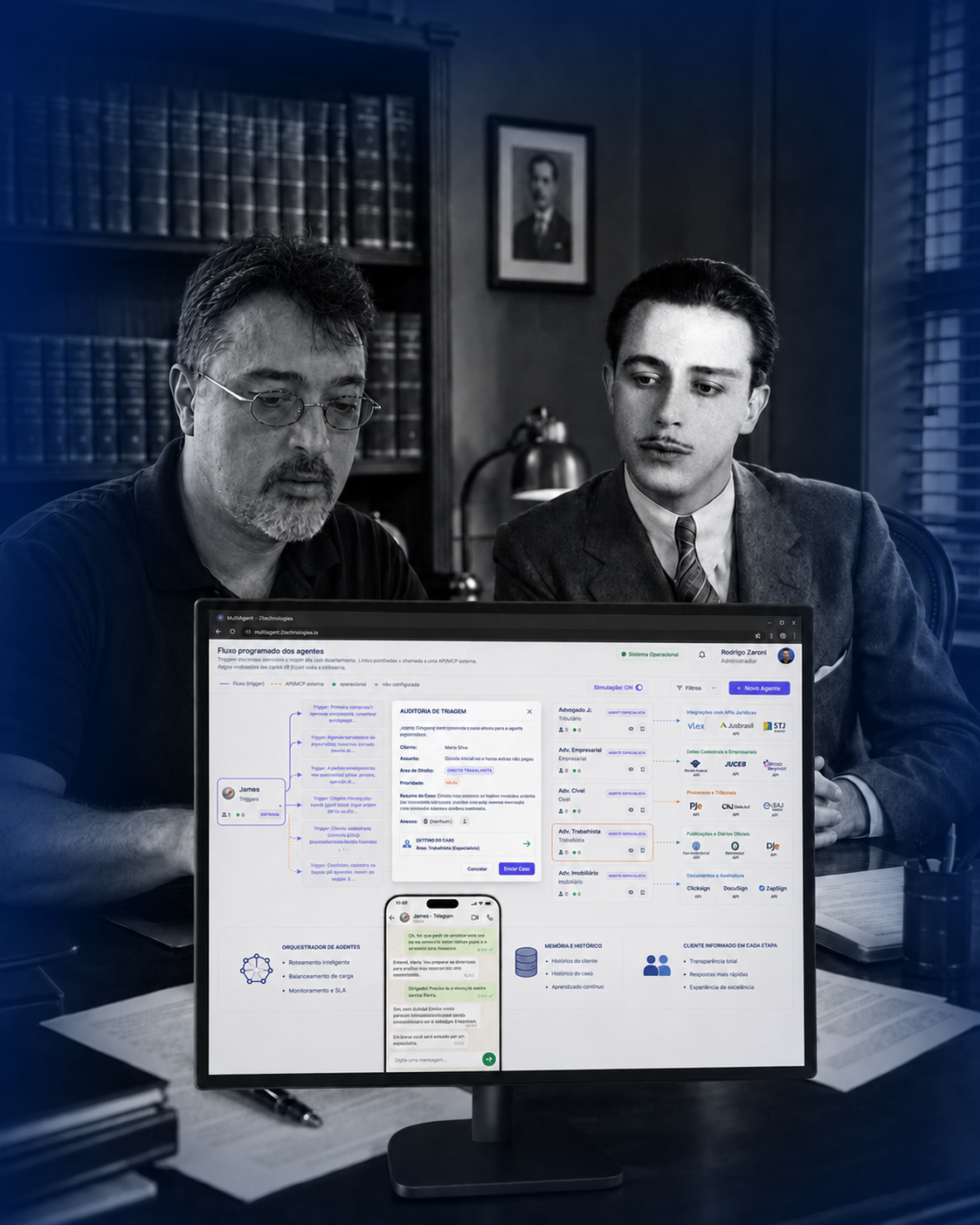 Advogados analisando o painel do fluxo multiagente do escritório jurídico